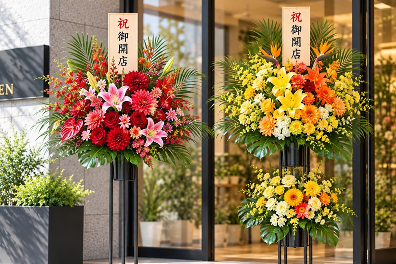 開店祝いのスタンド花｜1段・2段の選び方と設置・回収の注意点