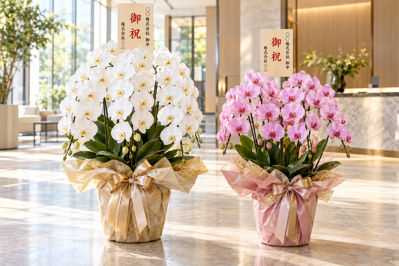 オフィスの受付に並ぶ、お祝いの立札と華やかなラッピングを添えた白とピンクの胡蝶蘭