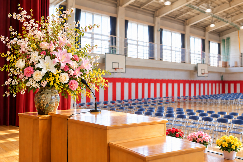 式典会場の演台横に飾られた、桜の枝や白・ピンクのユリ、バラを合わせた豪華な壇上花
